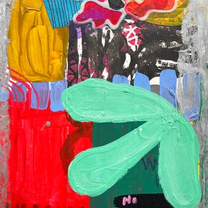 May include: Abstract painting with bold strokes of red, yellow, green, blue, and black paint. The painting features a large green shape in the center and a smaller red shape in the upper right corner.