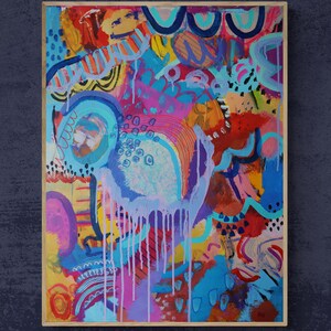 May include: Abstract painting with a colourful, layered design. The painting features a variety of shapes, lines, and textures in shades of blue, pink, yellow, orange, and red.