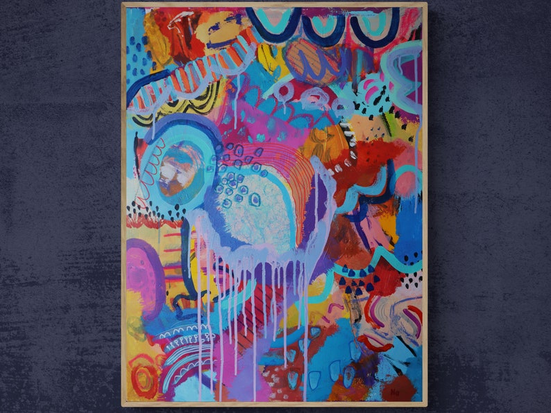 May include: Abstract painting with a colourful, layered design. The painting features a variety of shapes, lines, and textures in shades of blue, pink, yellow, orange, and red.