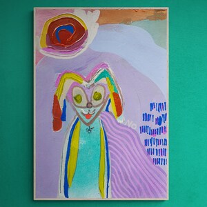 Abstracte portretkunst, mixed media kunst, grillige kunst, kleurrijke kunst aan de muur, dierlijk abstract, kleurrijke kunst aan de muur, Monty de superheld konijn afbeelding 2