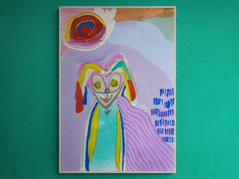 Abstracte portretkunst, mixed media kunst, grillige kunst, kleurrijke kunst aan de muur, dierlijk abstract, kleurrijke kunst aan de muur, Monty de superheld konijn afbeelding 2