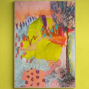 May include: Abstract painting with a yellow, pink, blue, and green color scheme. The painting features a large yellow shape in the center, surrounded by smaller shapes and lines.