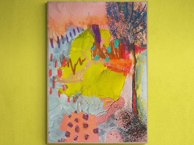 May include: Abstract painting with a yellow, pink, blue, and green color scheme. The painting features a large yellow shape in the center, surrounded by smaller shapes and lines.