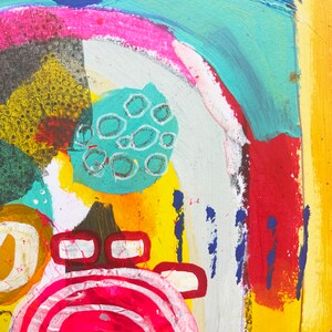 May include: Abstract painting with bright colors, including yellow, red, blue, green, and white. The painting features a variety of shapes and textures, including circles, lines, and dots.