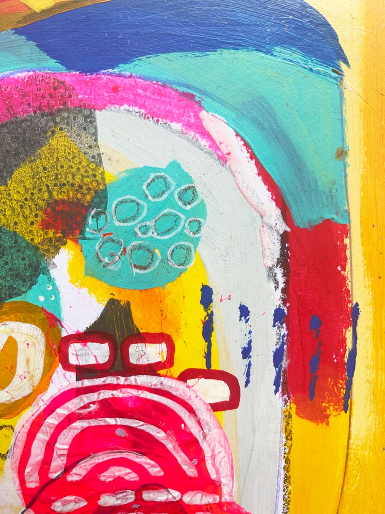 May include: Abstract painting with bright colors, including yellow, red, blue, green, and white. The painting features a variety of shapes and textures, including circles, lines, and dots.