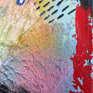 May include: Abstract art painting with a textured, layered surface. The painting features a variety of colors, including pink, blue, yellow, and red. The painting has a modern and abstract style.
