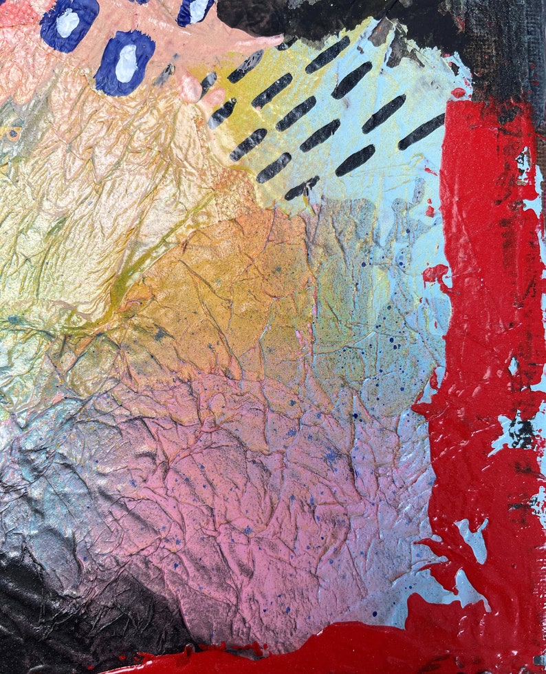 May include: Abstract art painting with a textured, layered surface. The painting features a variety of colors, including pink, blue, yellow, and red. The painting has a modern and abstract style.