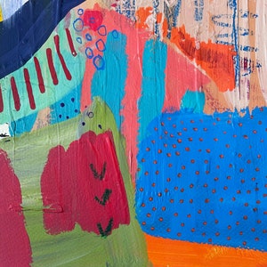May include: Abstract painting with bold strokes of red, green, blue, and orange. The painting features a variety of patterns, including stripes, dots, and circles.