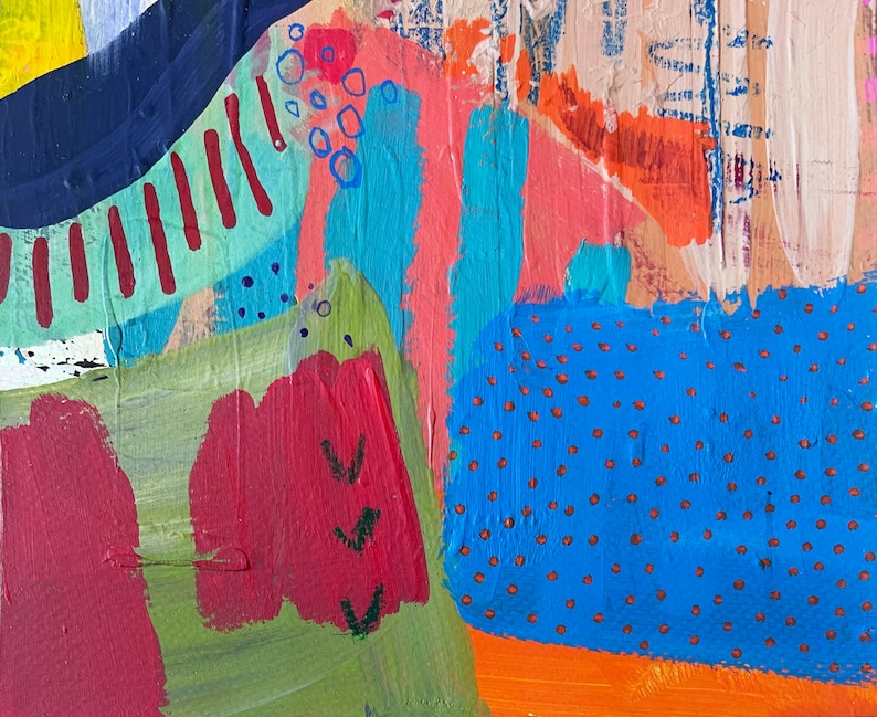 May include: Abstract painting with bold strokes of red, green, blue, and orange. The painting features a variety of patterns, including stripes, dots, and circles.