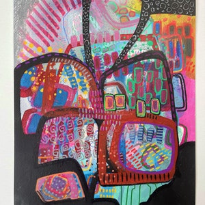 Peut inclure: Peinture abstraite sur fond noir avec des formes g&eacute;om&eacute;triques color&eacute;es. Les formes sont superpos&eacute;es et se chevauchent, cr&eacute;ant une impression de profondeur et de mouvement. Les couleurs sont vives et vibrantes, notamment le rouge, le bleu, le vert, le jaune et le rose.