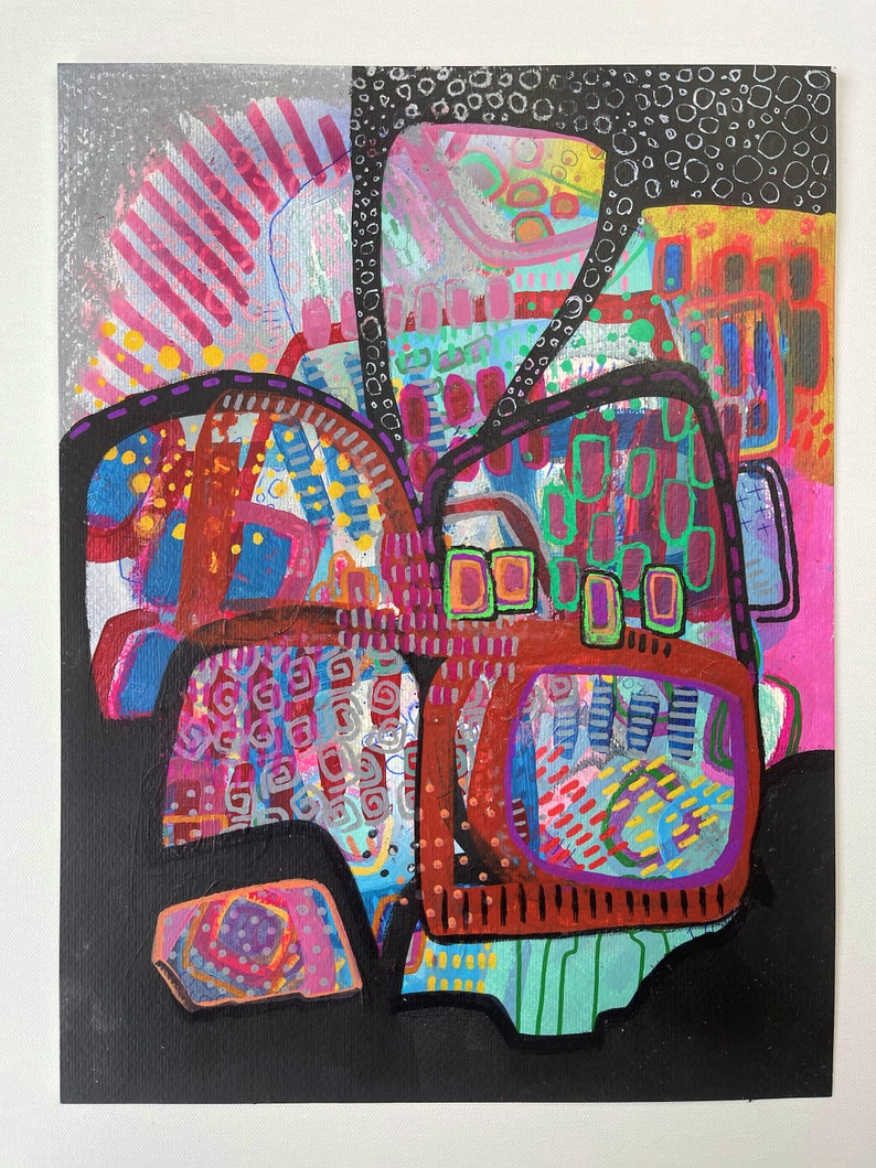 Peut inclure: Peinture abstraite sur fond noir avec des formes g&eacute;om&eacute;triques color&eacute;es. Les formes sont superpos&eacute;es et se chevauchent, cr&eacute;ant une impression de profondeur et de mouvement. Les couleurs sont vives et vibrantes, notamment le rouge, le bleu, le vert, le jaune et le rose.