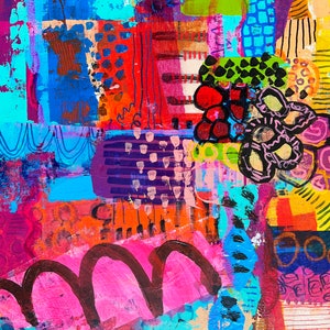 Modern Sprookje, Mixed Media Abstract on Wood, Vibrant Color Wall Art, Whimsical Abstraction, Original Painting, Doodling Art image 4