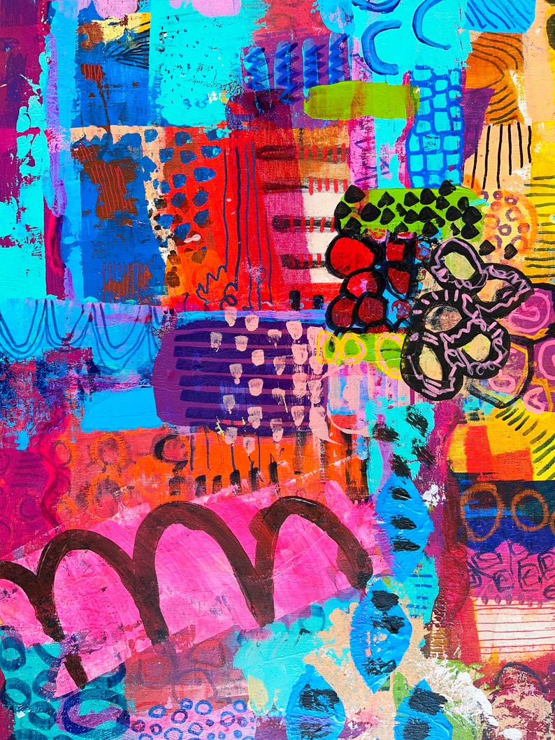 Modern Sprookje, Mixed Media Abstract on Wood, Vibrant Color Wall Art, Whimsical Abstraction, Original Painting, Doodling Art image 4