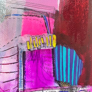 May include: Abstract painting featuring a combination of pink, purple, yellow, blue, and brown. The artwork has a layered, textured appearance with geometric shapes and lines.