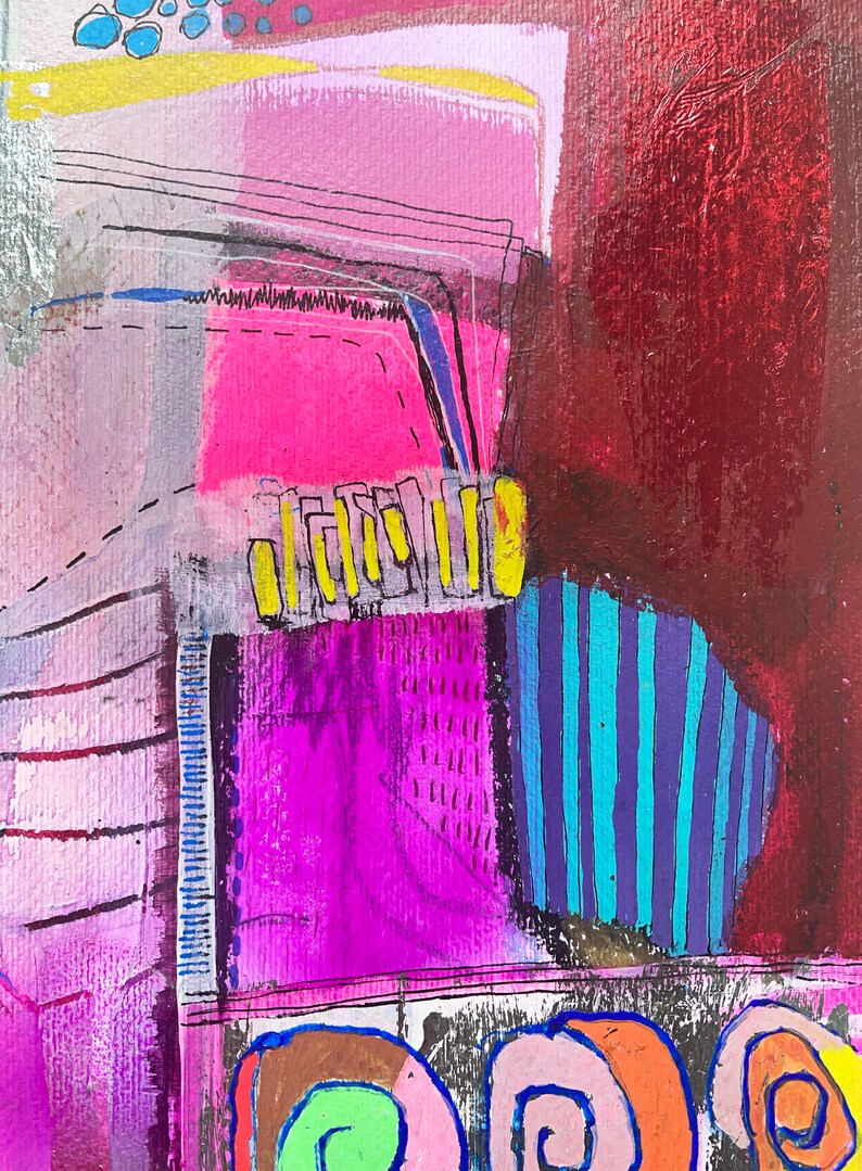May include: Abstract painting featuring a combination of pink, purple, yellow, blue, and brown. The artwork has a layered, textured appearance with geometric shapes and lines.