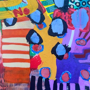 May include: Abstract painting with a yellow, orange, red, green, blue, purple, and black color scheme. The painting features stripes, dots, and geometric shapes. The word "No" is written in red on the top left corner of the painting.
