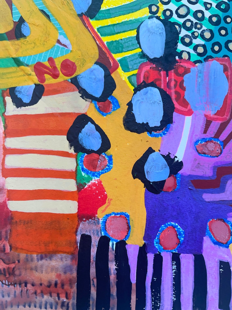 May include: Abstract painting with a yellow, orange, red, green, blue, purple, and black color scheme. The painting features stripes, dots, and geometric shapes. The word "No" is written in red on the top left corner of the painting.