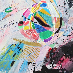 May include: Abstract painting with a colorful, geometric design. The painting features a central circle with a variety of colors and shapes, including red, blue, green, yellow, and purple. The circle is surrounded by a network of lines and dots, creating a sense of movement and energy.