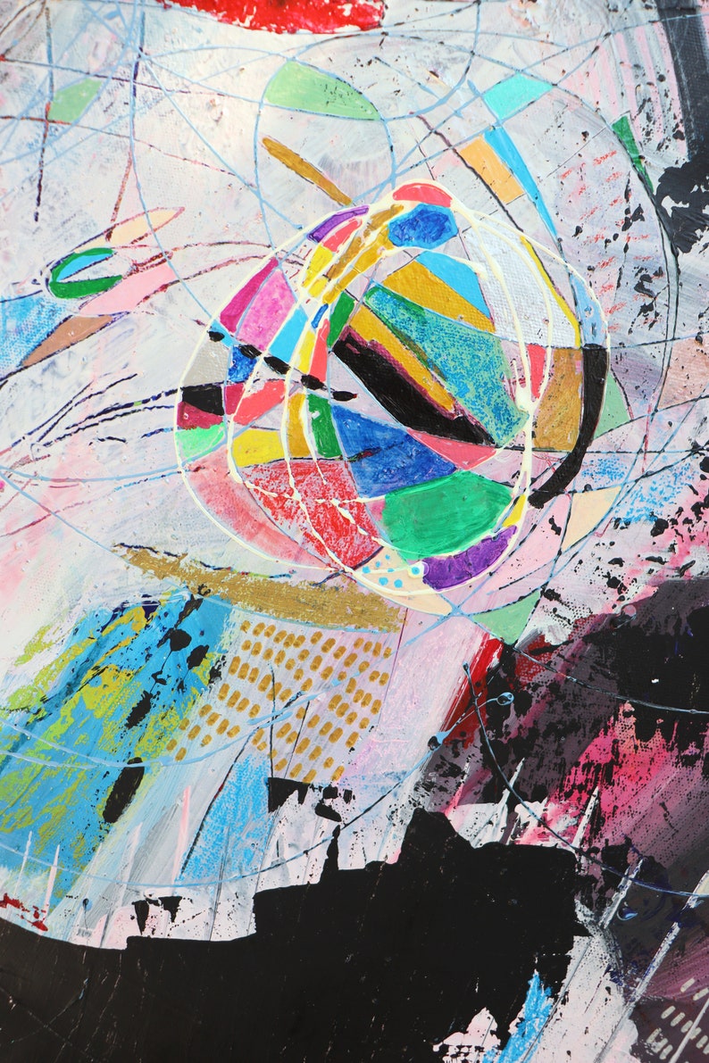 May include: Abstract painting with a colorful, geometric design. The painting features a central circle with a variety of colors and shapes, including red, blue, green, yellow, and purple. The circle is surrounded by a network of lines and dots, creating a sense of movement and energy.