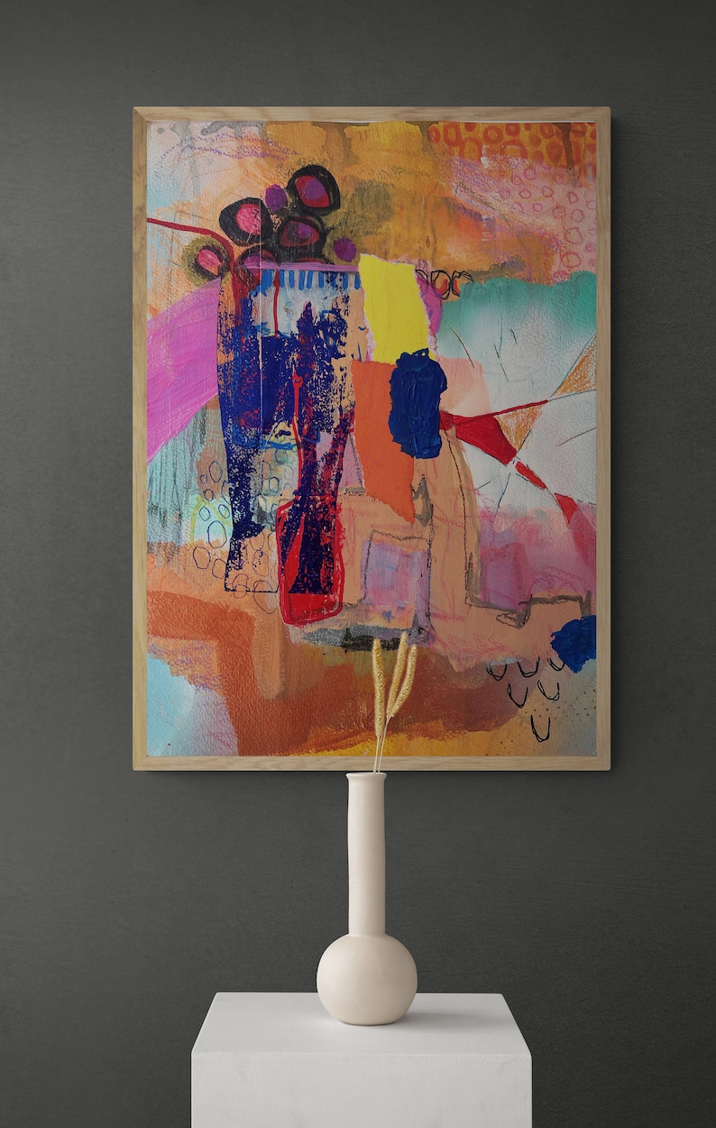 Väggkonst med blandteknik, collage - Färgglad väggkonst på papper - Abstrakt målning original - Intuitiv målning - Prisvärd konst bild 1