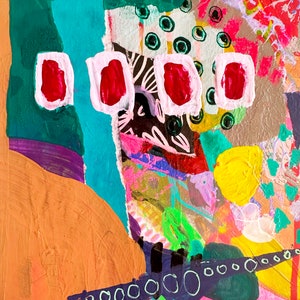 K&ouml;nnte beinhalten: Abstraktes Gem&auml;lde mit einer Collage aus bunten Formen, Linien und Kreisen. Das Gem&auml;lde zeigt eine Mischung aus gr&uuml;nen, roten, rosa, gelben und blauen Farben. Das Gem&auml;lde hat eine strukturierte Oberfl&auml;che und einen k&uuml;hnen, expressiven Stil.