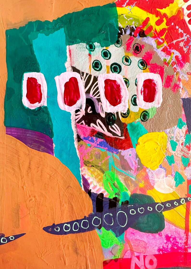 K&ouml;nnte beinhalten: Abstraktes Gem&auml;lde mit einer Collage aus bunten Formen, Linien und Kreisen. Das Gem&auml;lde zeigt eine Mischung aus gr&uuml;nen, roten, rosa, gelben und blauen Farben. Das Gem&auml;lde hat eine strukturierte Oberfl&auml;che und einen k&uuml;hnen, expressiven Stil.