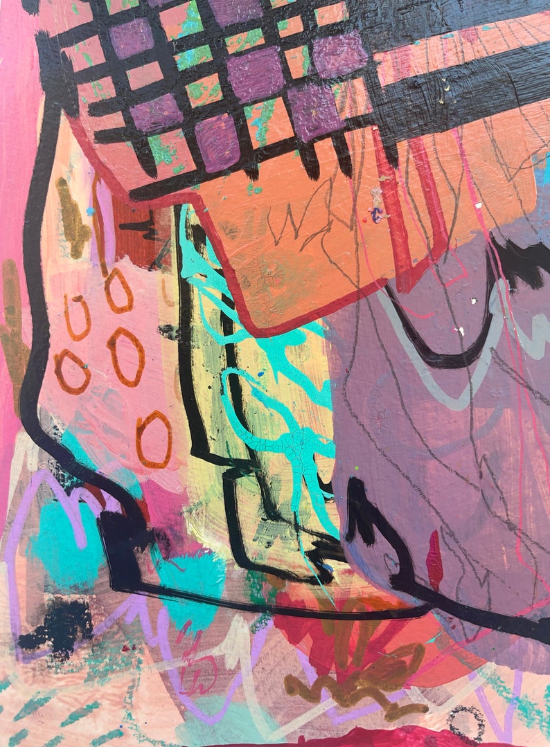 Peut inclure: Peinture abstraite avec un m&eacute;lange de couleurs rose, violet, orange, jaune et turquoise. La peinture pr&eacute;sente un motif de grille, des formes g&eacute;om&eacute;triques et des lignes organiques.