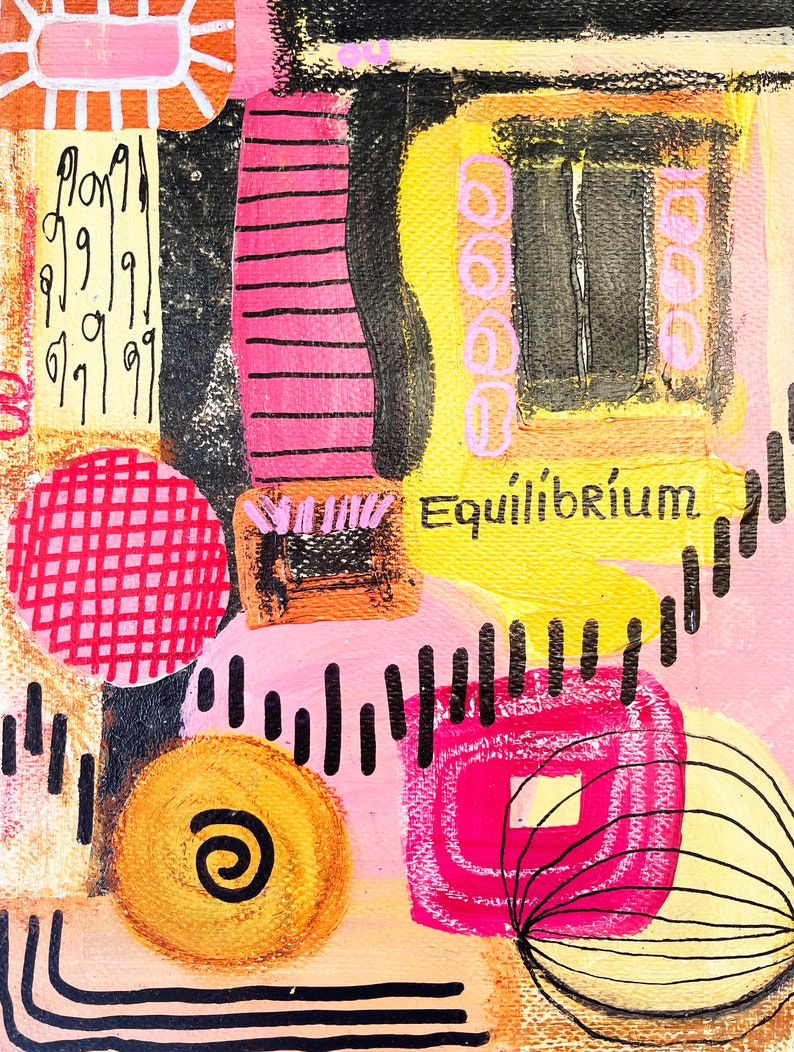May include: Abstract painting with pink, yellow, black, and red shapes. The word "Equilibrium" is written in black on a yellow background.