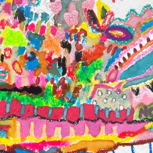 May include: Abstract painting with a colourful, layered design. The painting features a variety of shapes, lines, and textures, including circles, swirls, and stripes. The colours are bright and vibrant, including pink, blue, green, yellow, and orange.