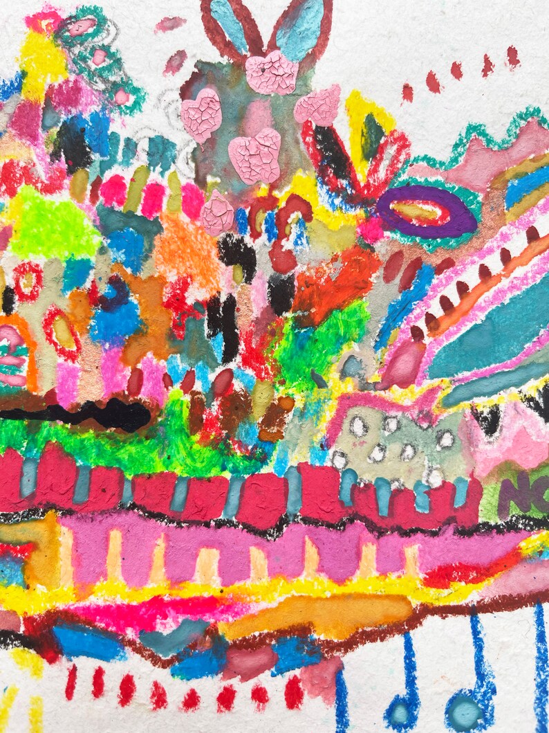 May include: Abstract painting with a colourful, layered design. The painting features a variety of shapes, lines, and textures, including circles, swirls, and stripes. The colours are bright and vibrant, including pink, blue, green, yellow, and orange.