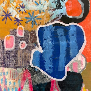 May include: An abstract painting on canvas featuring a vibrant composition of layered shapes and textures. The artwork displays bold blocks of orange, deep blue, and black, accented by bright pink outlines, light blue star motifs, and white paint splatters.