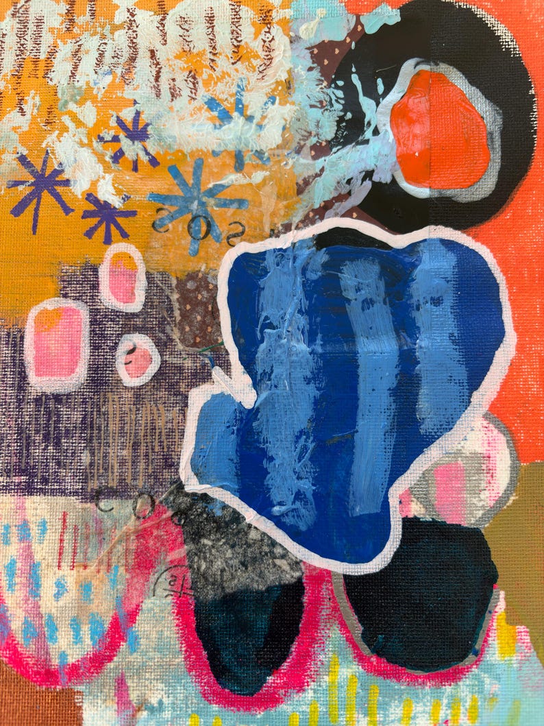 May include: An abstract painting on canvas featuring a vibrant composition of layered shapes and textures. The artwork displays bold blocks of orange, deep blue, and black, accented by bright pink outlines, light blue star motifs, and white paint splatters.