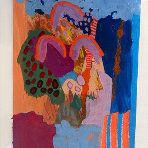 May include: An abstract painting on canvas featuring a vibrant mix of colors including bright orange, deep blue, purple, and green. The composition includes layered shapes, textured brushstrokes, and patterns such as vertical stripes and dots.