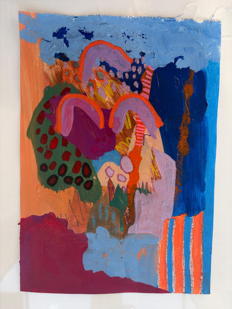 May include: An abstract painting on canvas featuring a vibrant mix of colors including bright orange, deep blue, purple, and green. The composition includes layered shapes, textured brushstrokes, and patterns such as vertical stripes and dots.