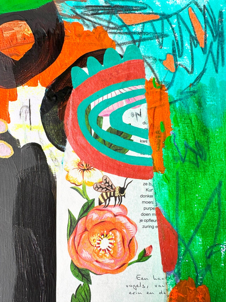 Pode incluir: Colagem de arte abstrata com uma mistura de cores brilhantes, incluindo laranja, verde, azul e vermelho. A colagem apresenta uma abelha, flores e texto em holand&ecirc;s.