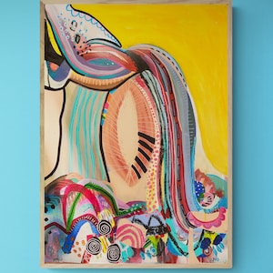 May include: Abstract painting on canvas with a yellow background and colourful lines, shapes, and swirls. The painting features a variety of colours, including blue, green, red, pink, and black.