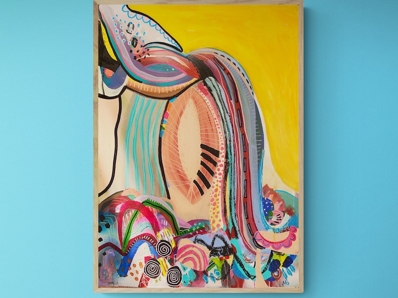 May include: Abstract painting on canvas with a yellow background and colourful lines, shapes, and swirls. The painting features a variety of colours, including blue, green, red, pink, and black.