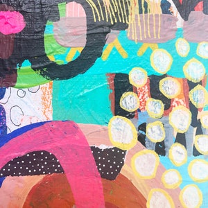 May include: Abstract painting with bold colors and shapes, including black, pink, yellow, blue, and white. The painting features a variety of textures and patterns, including polka dots, stripes, and circles.