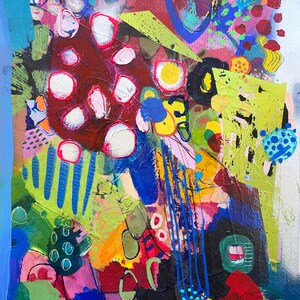 May include: Abstract painting featuring a mix of bright colours, including red, yellow, blue, green, and pink. The painting incorporates geometric shapes, dots, and lines.
