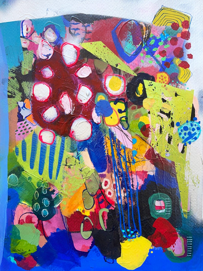 May include: Abstract painting featuring a mix of bright colours, including red, yellow, blue, green, and pink. The painting incorporates geometric shapes, dots, and lines.