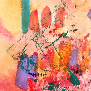 May include: Abstract painting with a mix of orange, pink, green, and purple paint. The painting has a textured surface and appears to be made with acrylic paint.