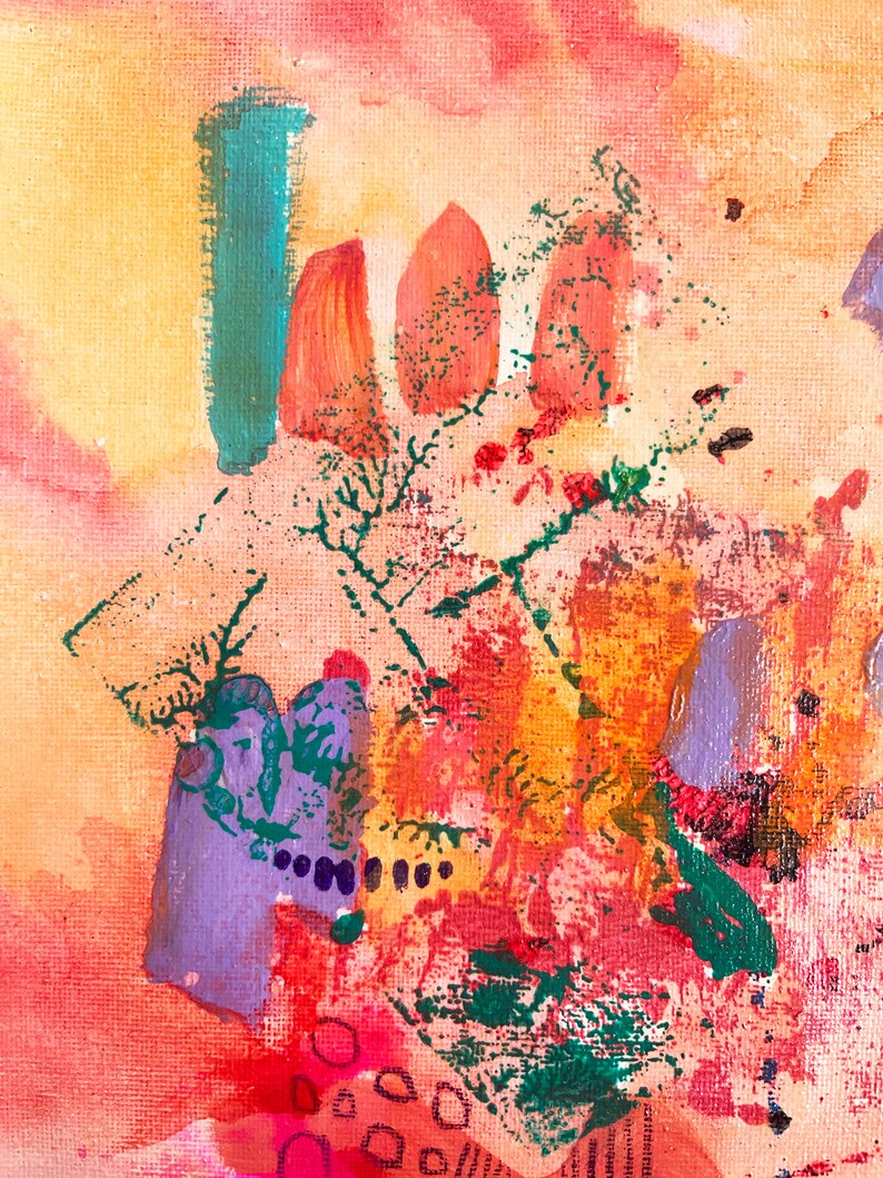 May include: Abstract painting with a mix of orange, pink, green, and purple paint. The painting has a textured surface and appears to be made with acrylic paint.