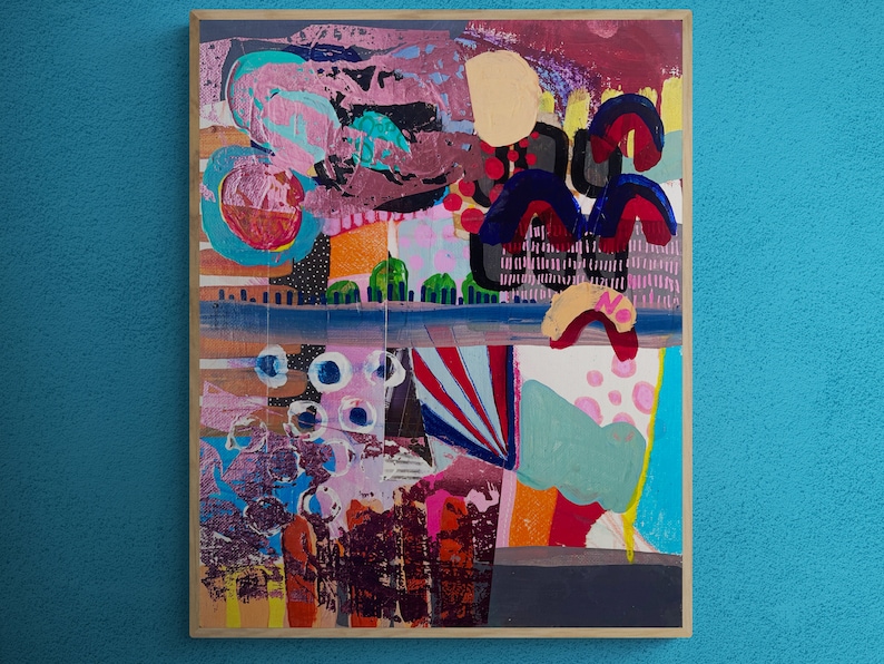 Puede incluir: Pintura abstracta con un dise&ntilde;o colorido y en capas. La pintura presenta una variedad de formas, incluyendo c&iacute;rculos, cuadrados y rect&aacute;ngulos. Los colores son brillantes y vibrantes, incluyendo rosa, azul, verde, amarillo y rojo.