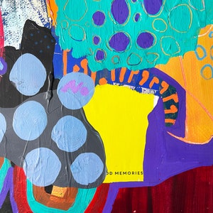 May include: Abstract painting with a colorful, layered design. The painting features a yellow background with a purple, blue, and orange design. The text "ODD MEMORIES" is visible in the lower right corner.