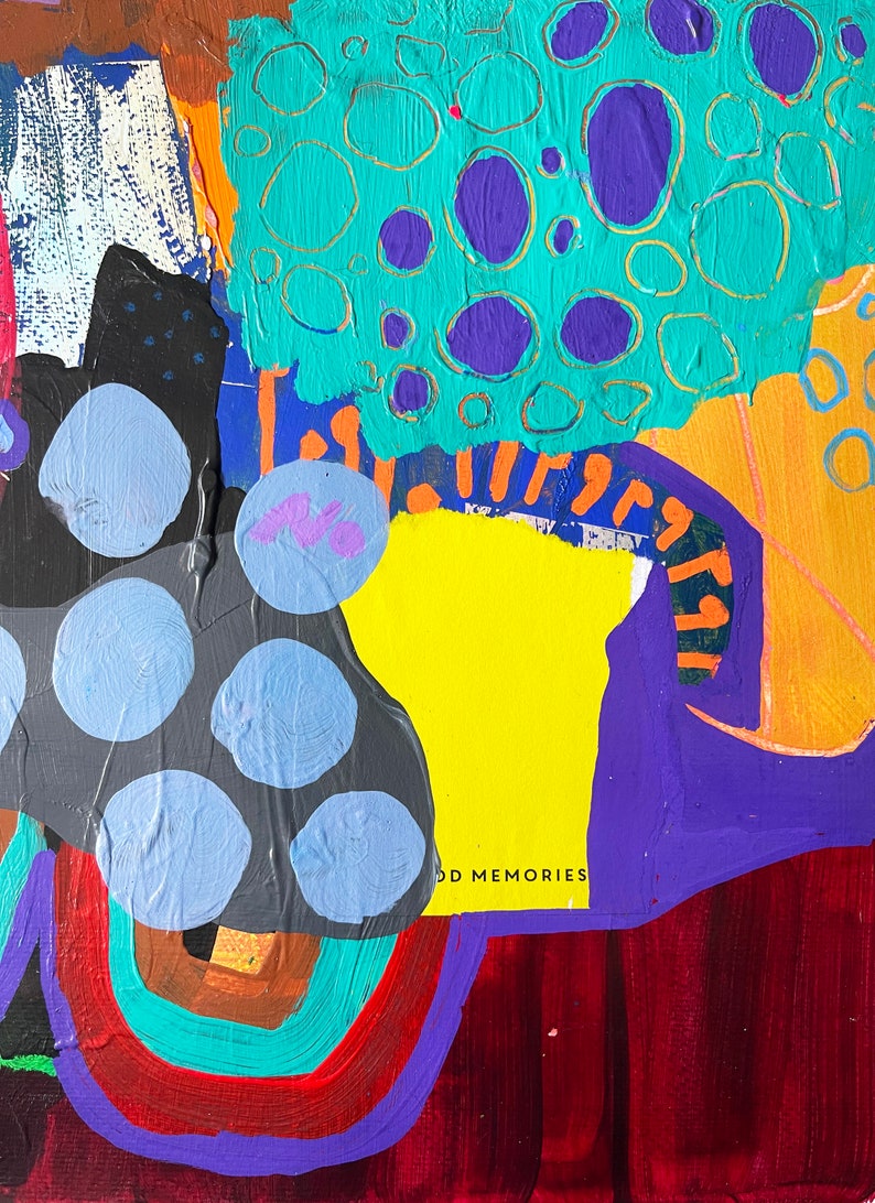 May include: Abstract painting with a colorful, layered design. The painting features a yellow background with a purple, blue, and orange design. The text "ODD MEMORIES" is visible in the lower right corner.