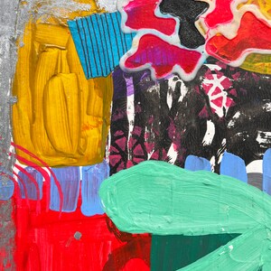 May include: Abstract painting with bold strokes of yellow, red, blue, green, and black paint. The painting features a large, stylized flower in the upper right corner.