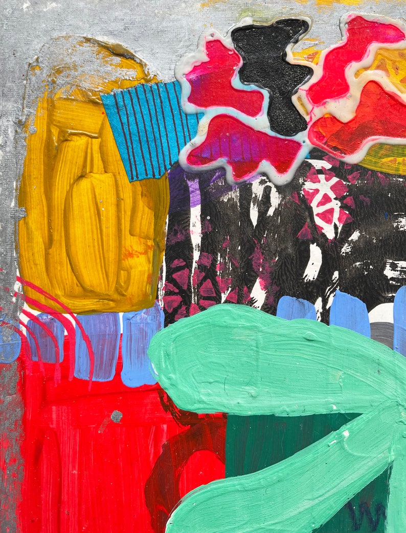 May include: Abstract painting with bold strokes of yellow, red, blue, green, and black paint. The painting features a large, stylized flower in the upper right corner.