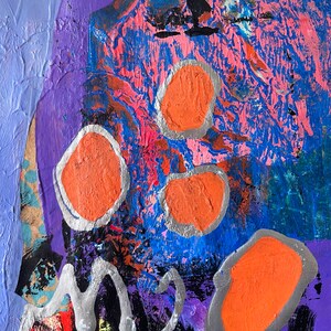 May include: Abstract painting with a blue, purple, and pink background. The painting features several orange circles with silver outlines.
