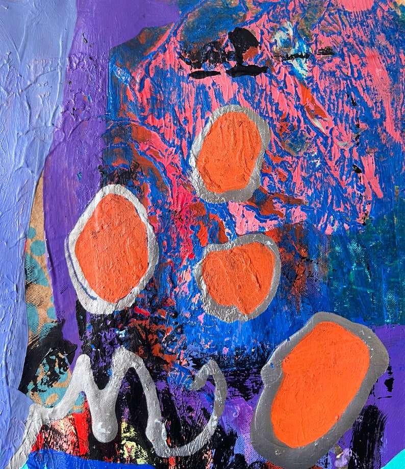 May include: Abstract painting with a blue, purple, and pink background. The painting features several orange circles with silver outlines.