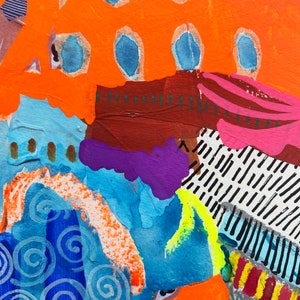 May include: Abstract collage artwork featuring a bright orange background with blue circles, a purple and brown section, and a blue and white section with swirls. The artwork is made with paper and paint.